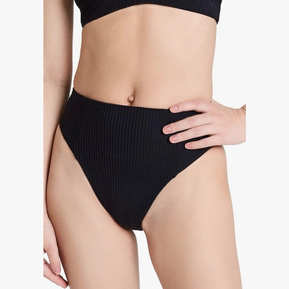 Vitamin A Ribbed Bikini Bottom Black High Cut Swim Designer Minimalist Size L